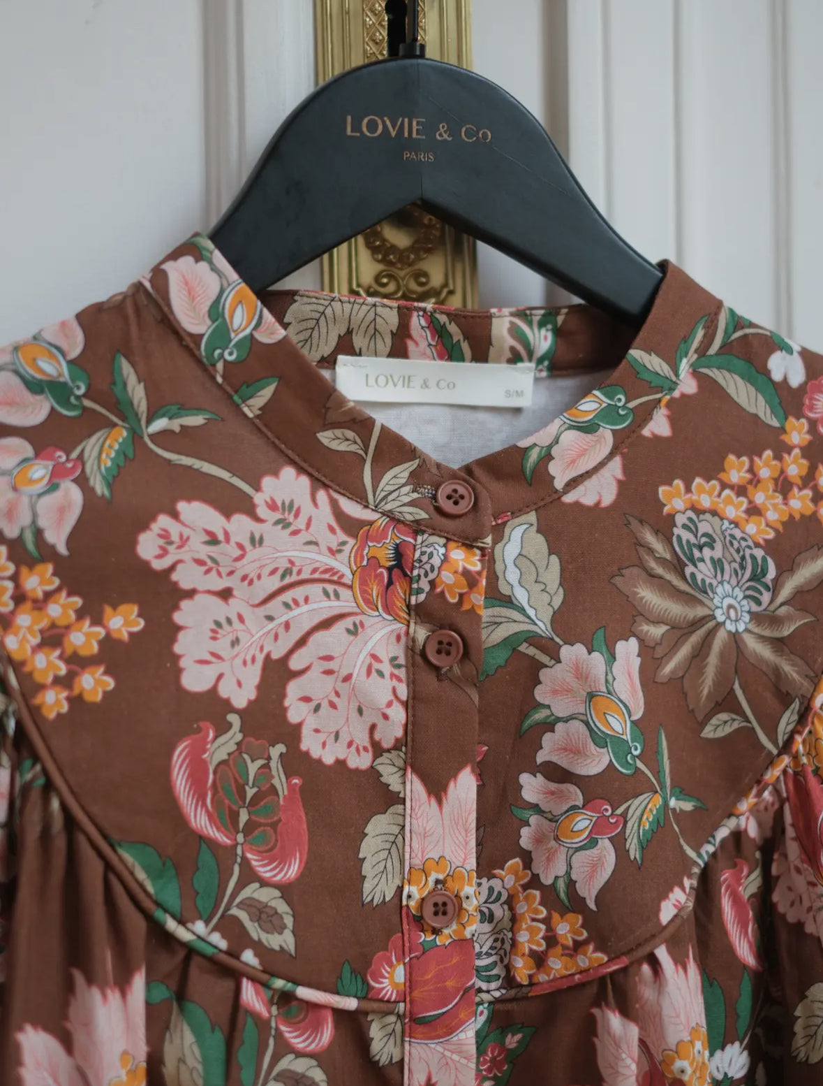 Blusa francese marrone floreale in cotone collo alla coreana