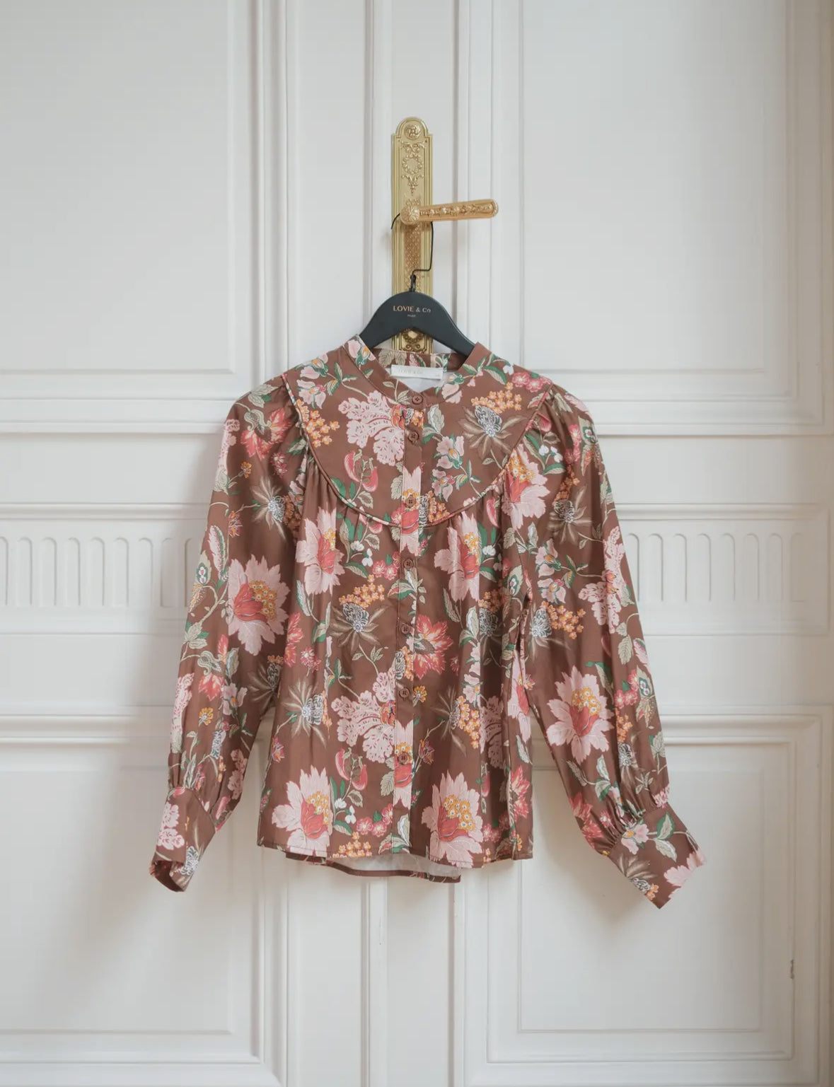Blusa francese marrone floreale in cotone collo alla coreana