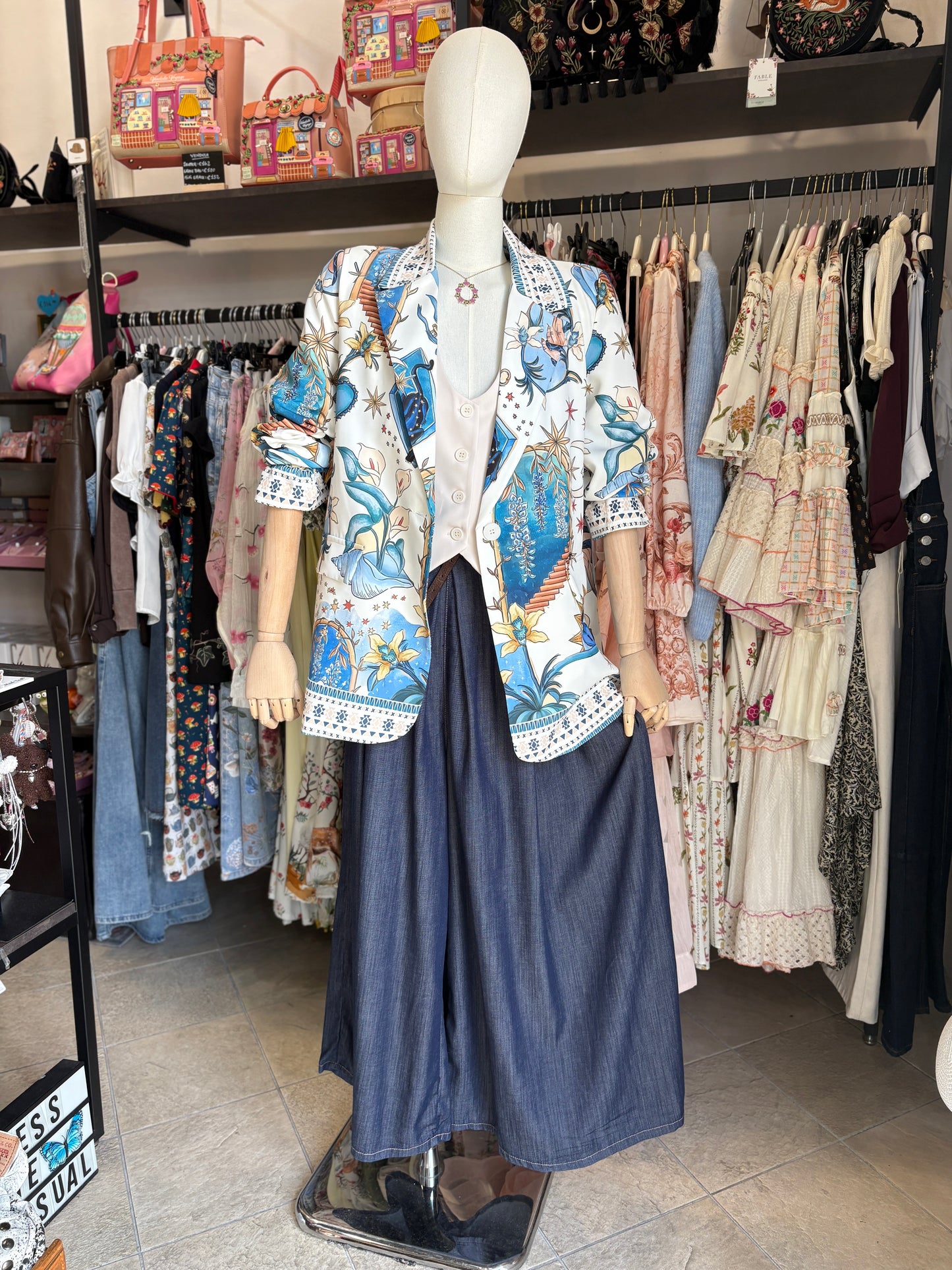 Pantaloni Palazzo in Denim Fluido con Cintura