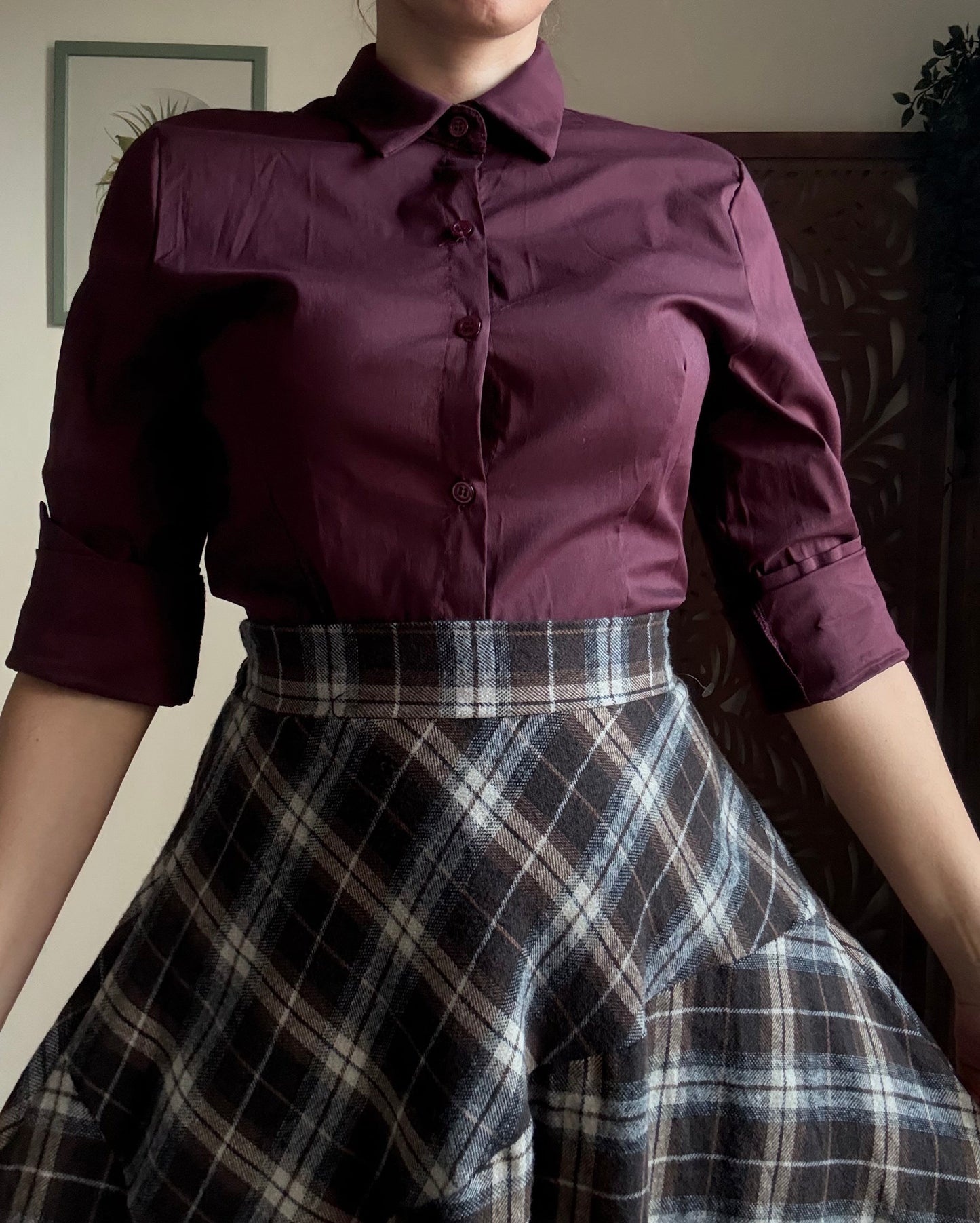 Gonna lunga tartan in cotone asimmetrica a vita alta con spacco frontale