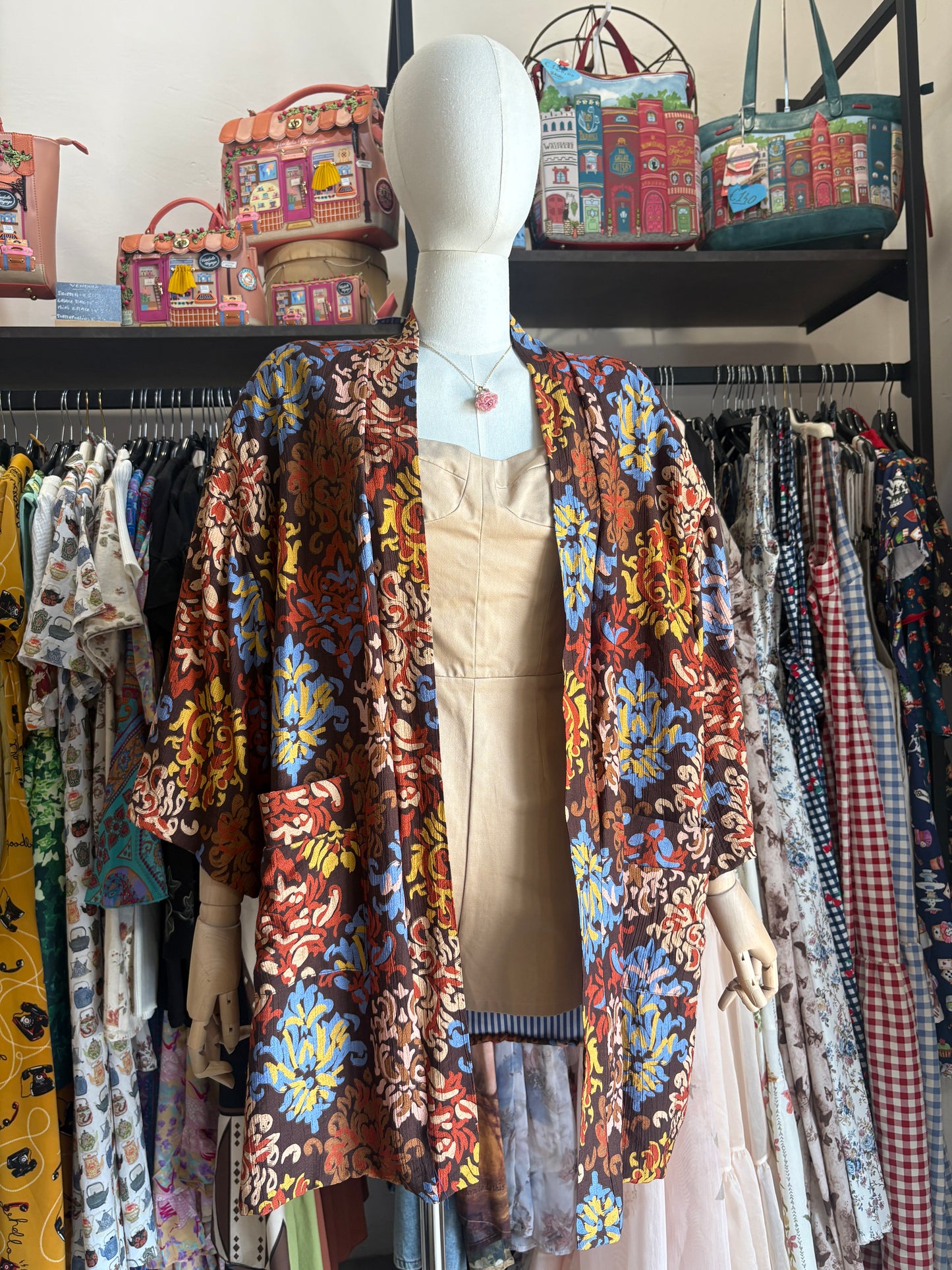 Kimono Donna Boho Chic Foderato in Cotone con Interno a Righe e Tasche Lungo - In Vari Colori e Fantasie
