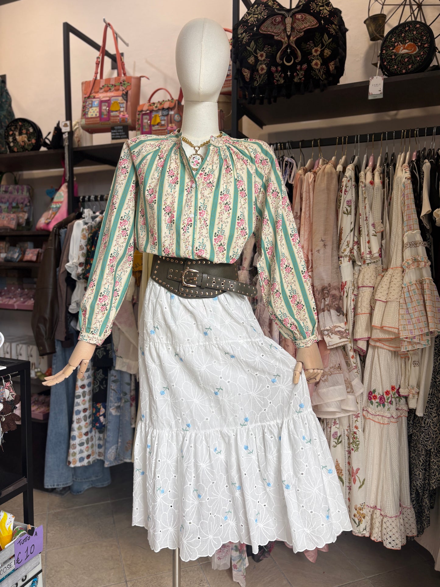 Gonna Midi in Cotone Sangallo con Ricami Floreali - in 2 Colori