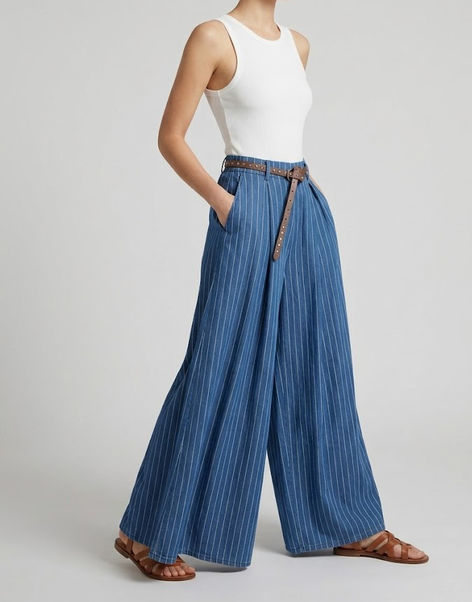 Pantaloni Wide-Leg Gessati con Cintura Borchiata