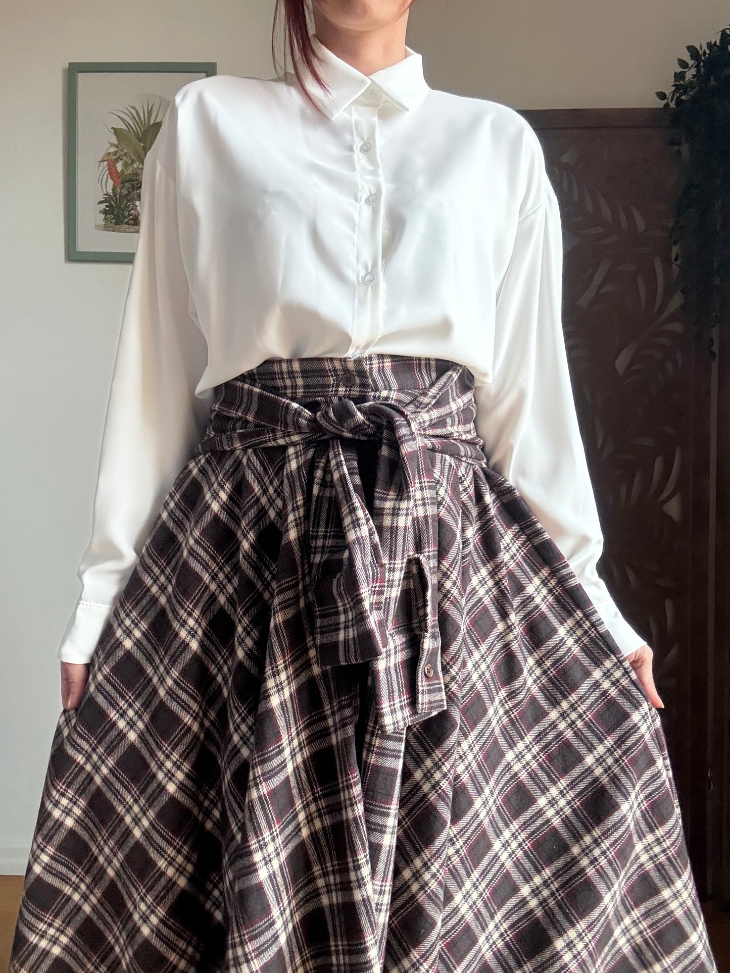 Gonna tartan a vita alta in cotone asimmetrica con maniche annodate in vita