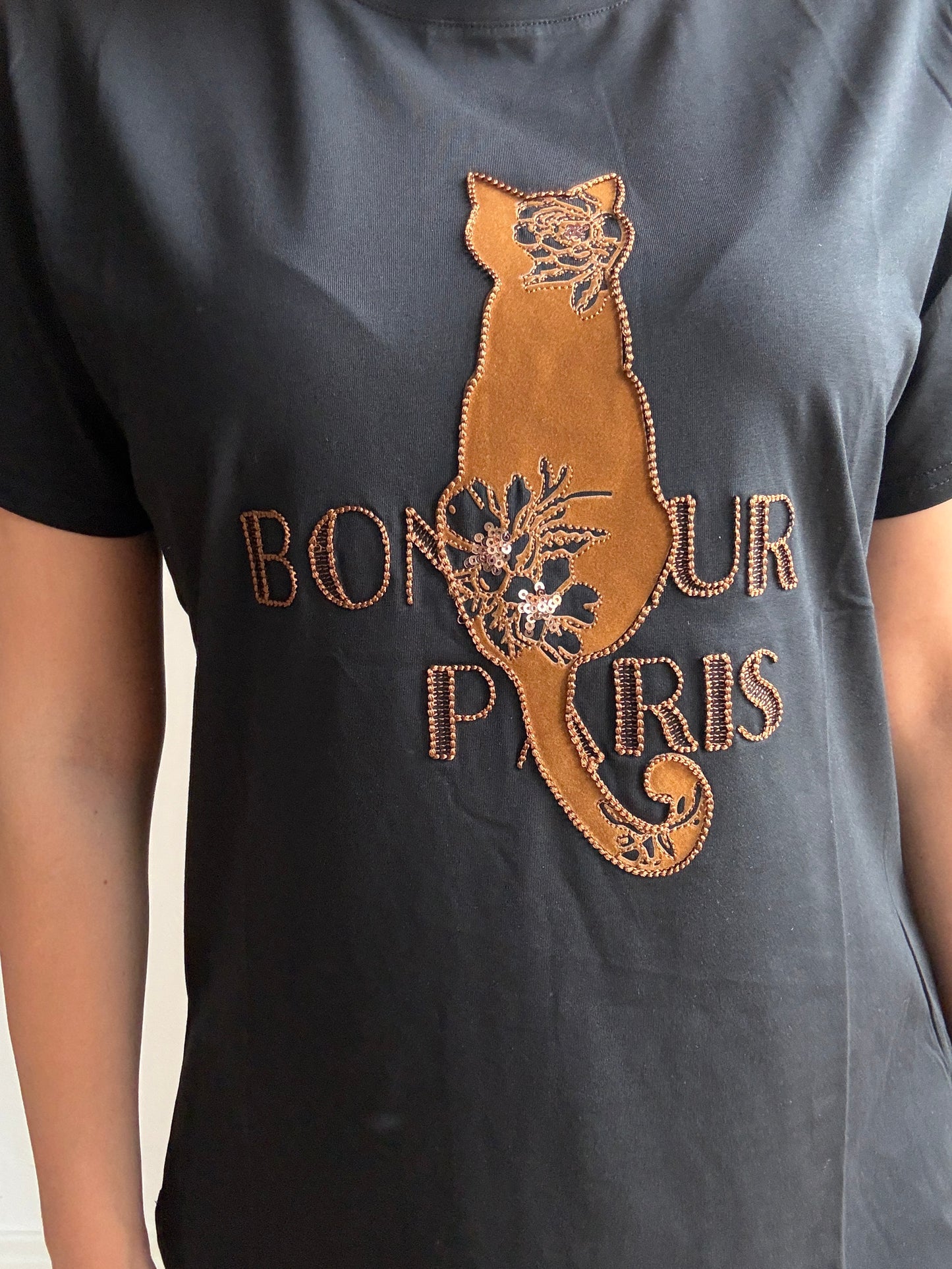 T-shirt Gatto in Cotone Bonjour Paris con Applicazioni Paillettes - In 3 Colori