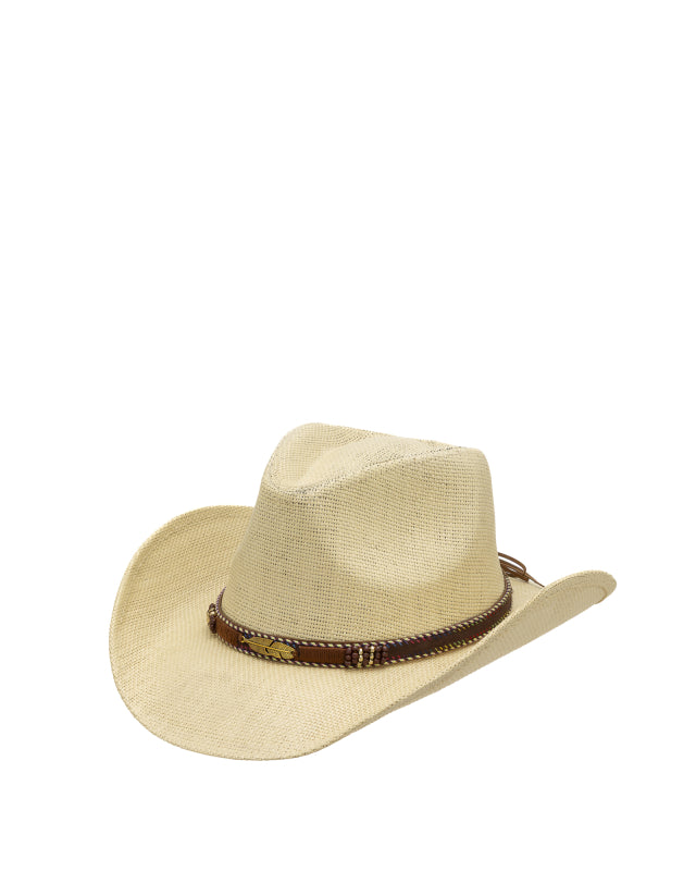 Cappello Western Rigido in Paglia Intrecciata con Dettaglio Piuma Gold - Bianco