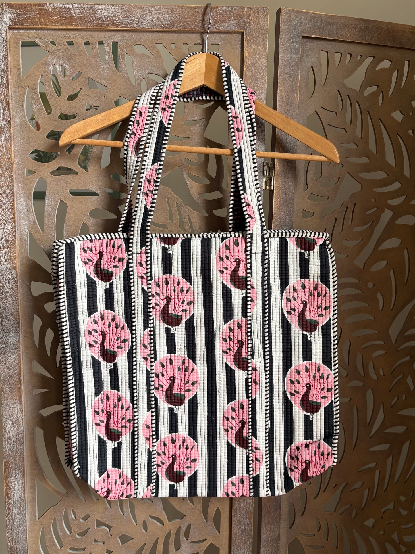 Borsa Tote Trapuntata in Cotone con Zip - Pavoni