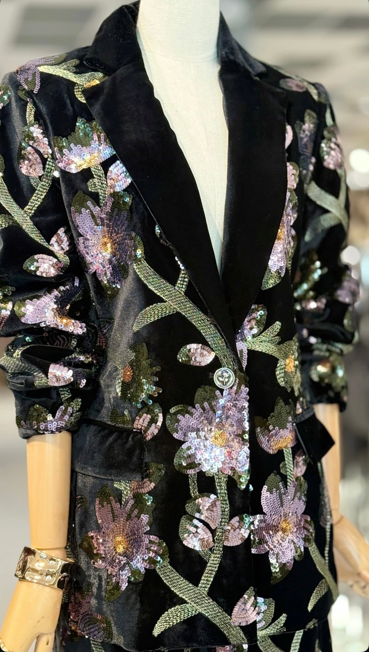 Giacca blazer Midnight Flowers in velluto nero con paillettes