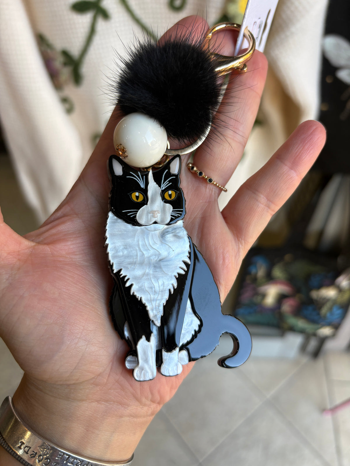 Portachiavi e charm per borsa Gatto Bianco e Nero con pompon