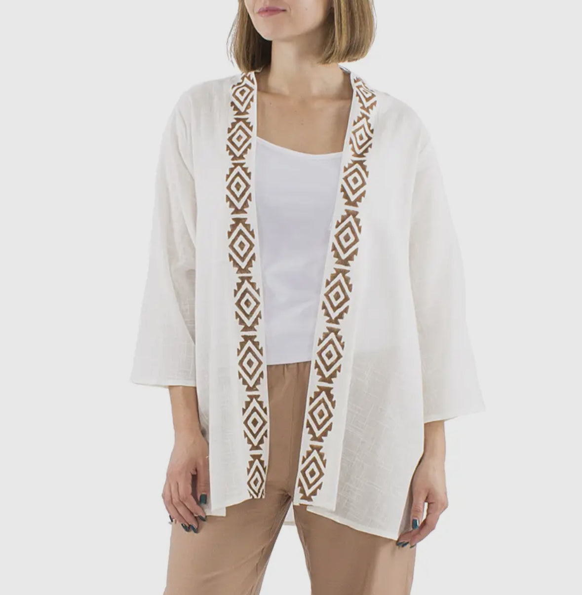 Cardigan boho chic indiano in cotone con motivo etnico dipinto