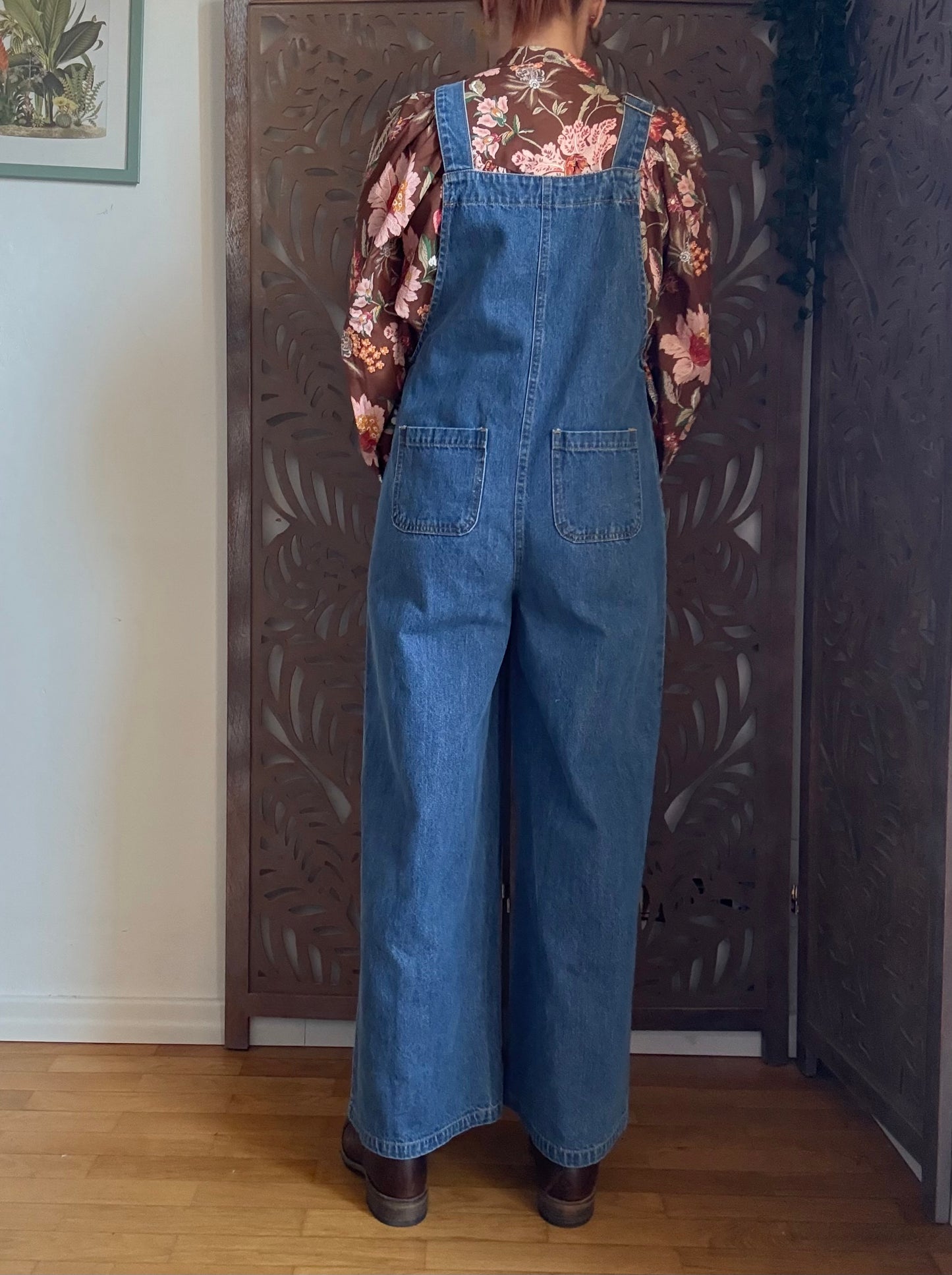 Salopette di jeans blu scuro a gamba ampia