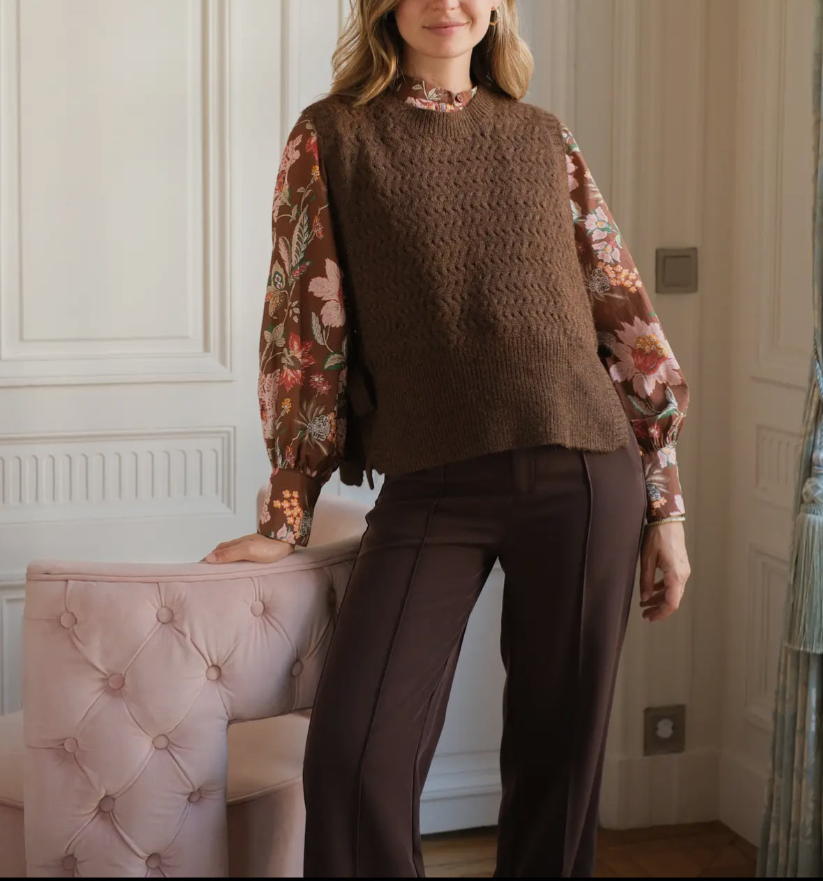 Blusa francese marrone floreale in cotone collo alla coreana