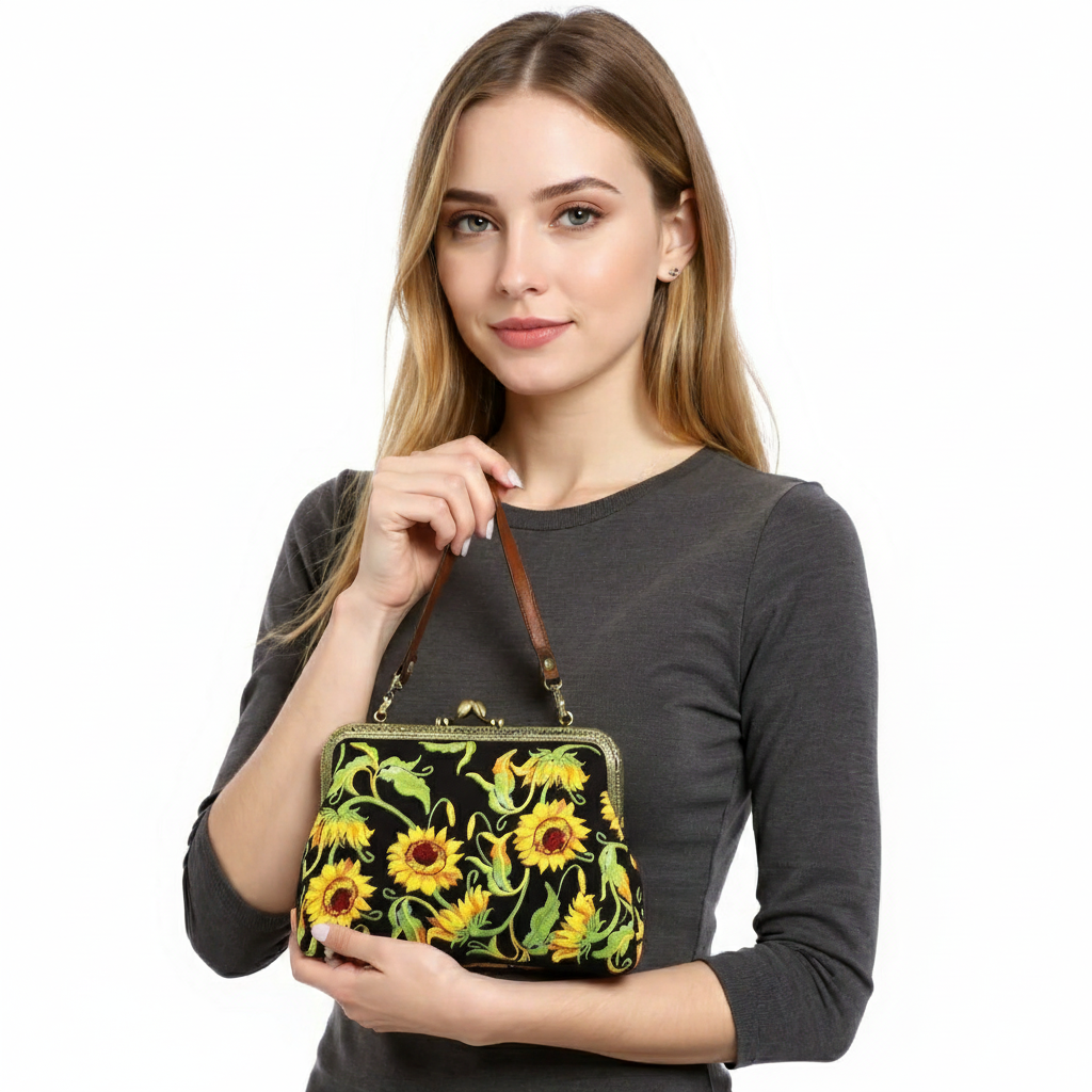 Borsetta kisslock Sunflower in misto lino e cotone ricamata