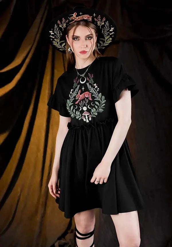 Abito Mini Hare Moon– Abito Forest Witch con stampa di Lepri, Lune e Sottobosco