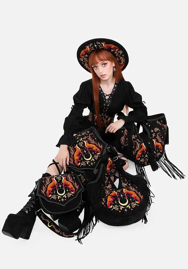 Borsa Lunar Grove – Maxi Borsa a Spalla in Finto Camoscio con Ricami di Volpe e Frange