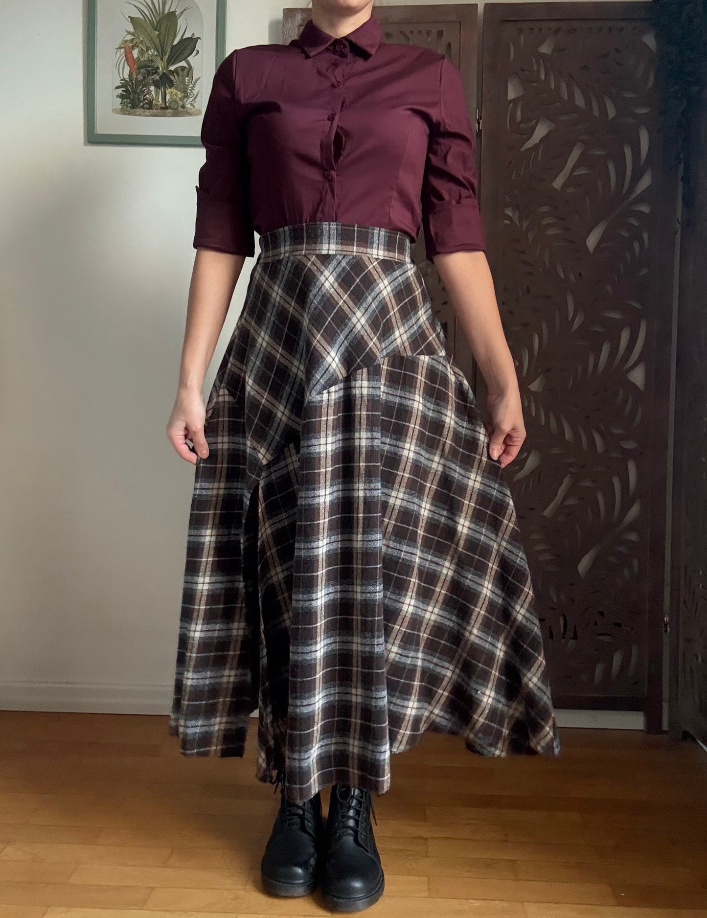 Gonna lunga tartan in cotone asimmetrica a vita alta con spacco frontale