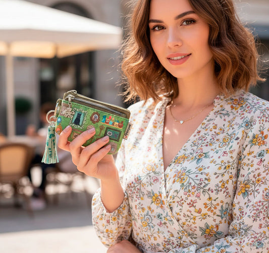 Portamonete con portachiavi e nappa Vintage Cats in 4 colori