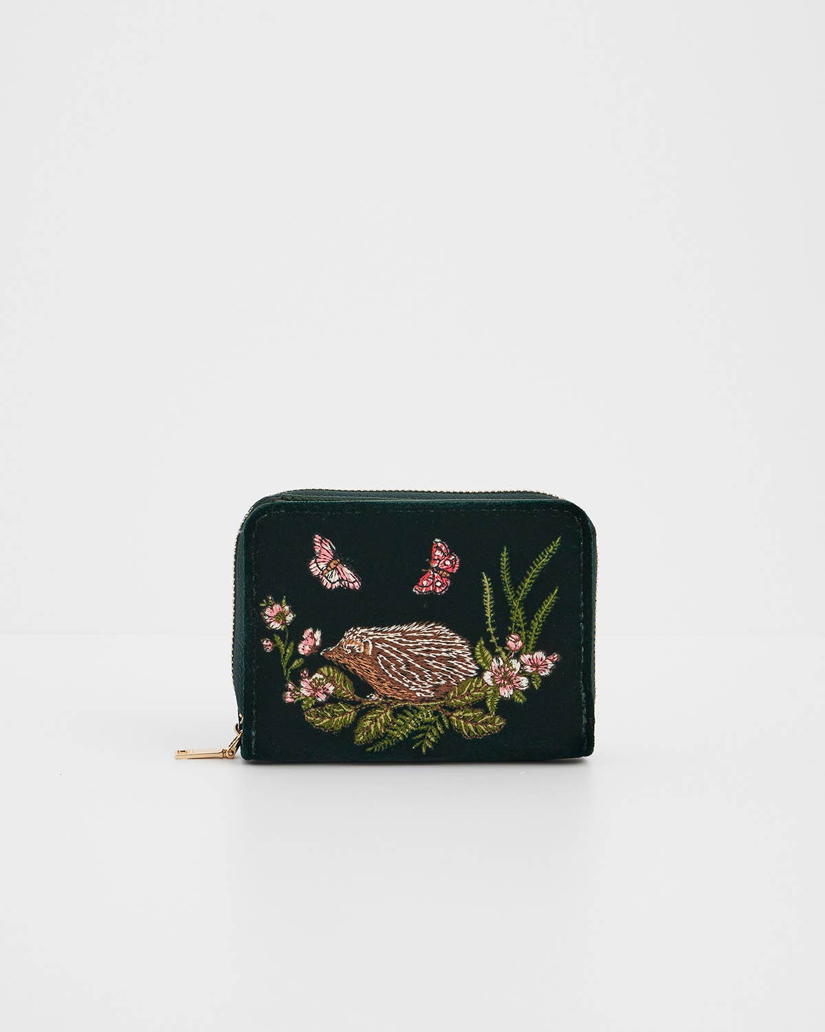 Portamonete Hedgehog ricamato in velluto verde foresta - Fable England