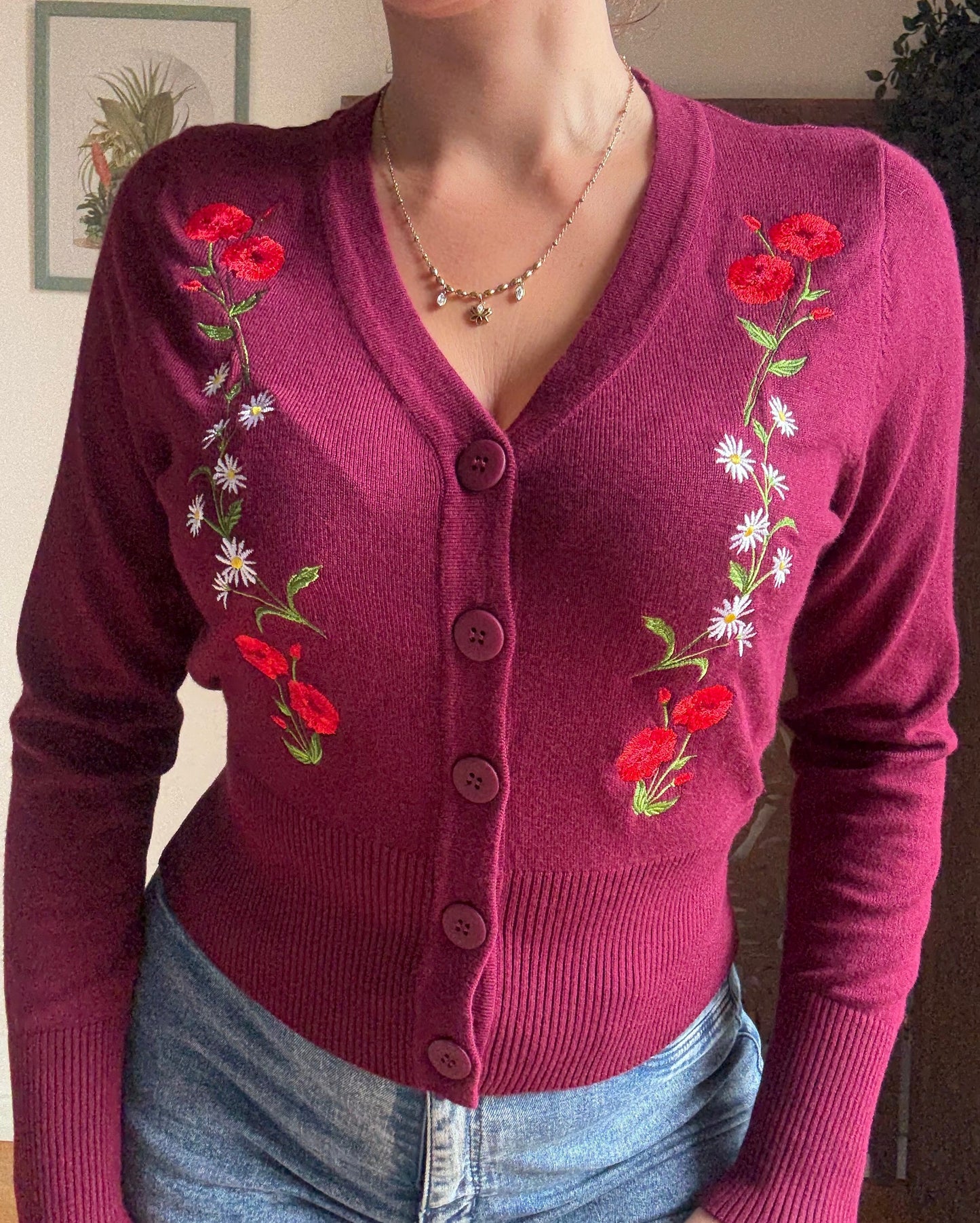 Cardigan Nara Roses and Daises burgundy