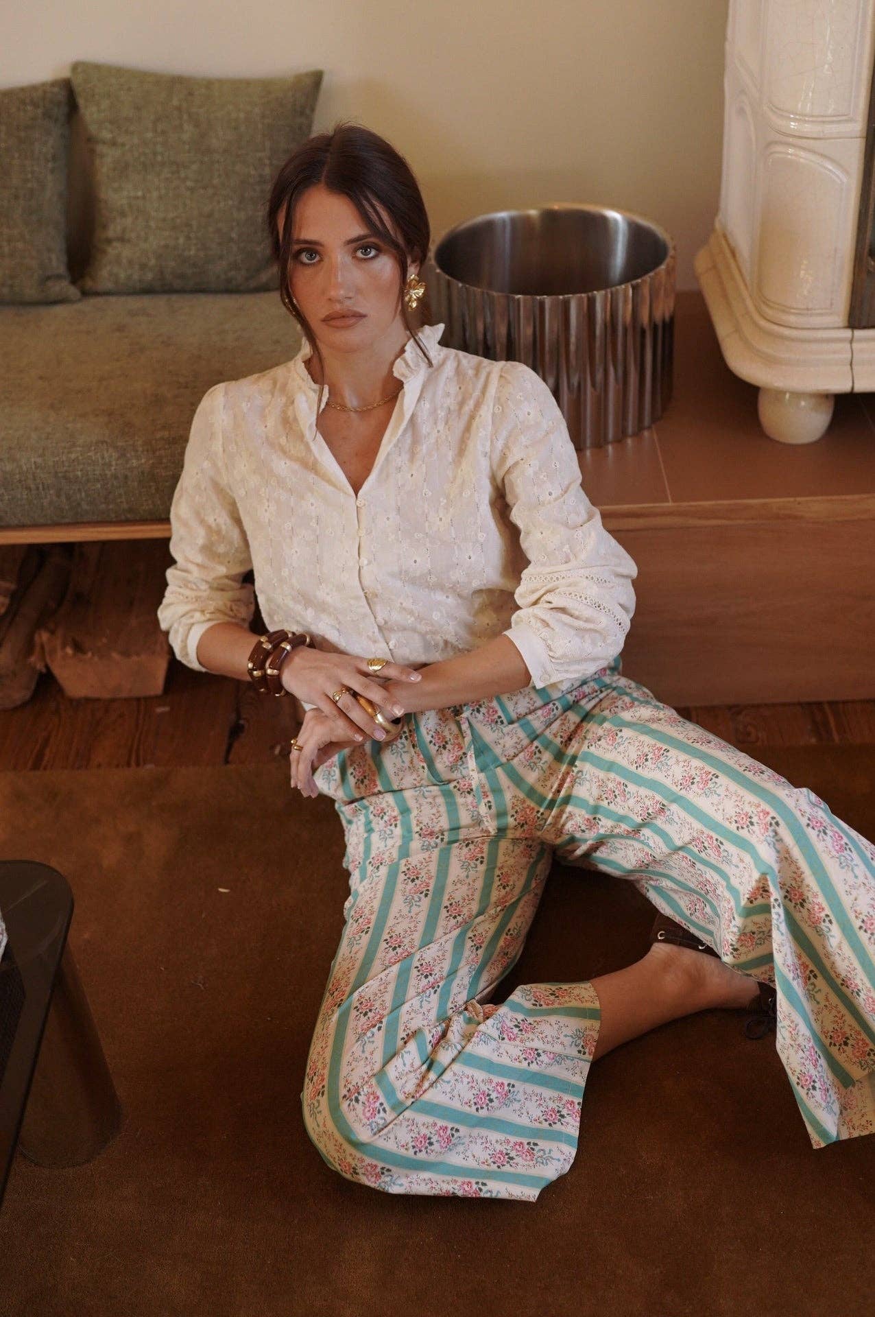 Pantaloni Larghi in Cotone Pauline con Stampa Floreale e Righe - Verdi