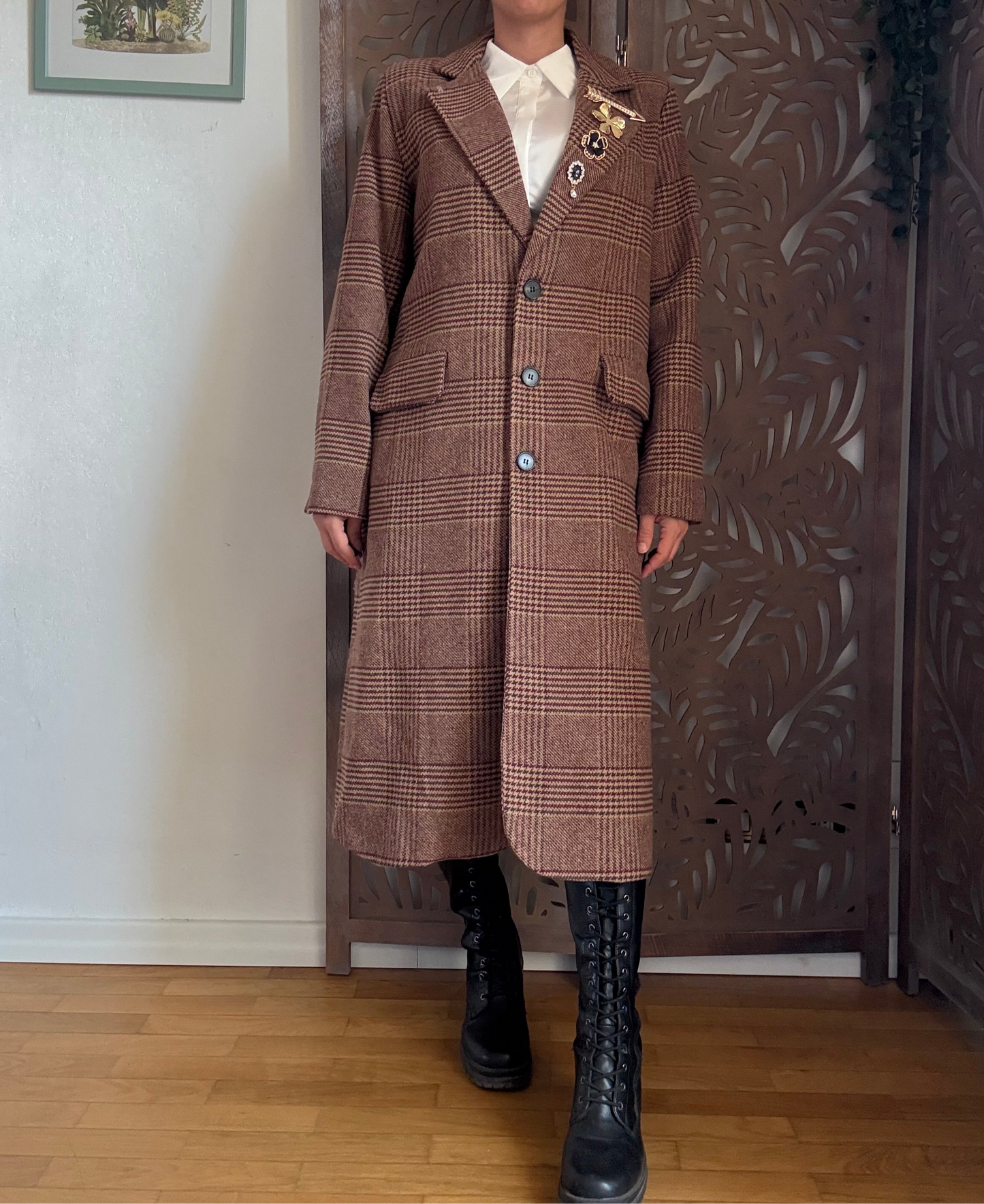 Cappotto College lungo bordeaux a quadretti in cotone con spille