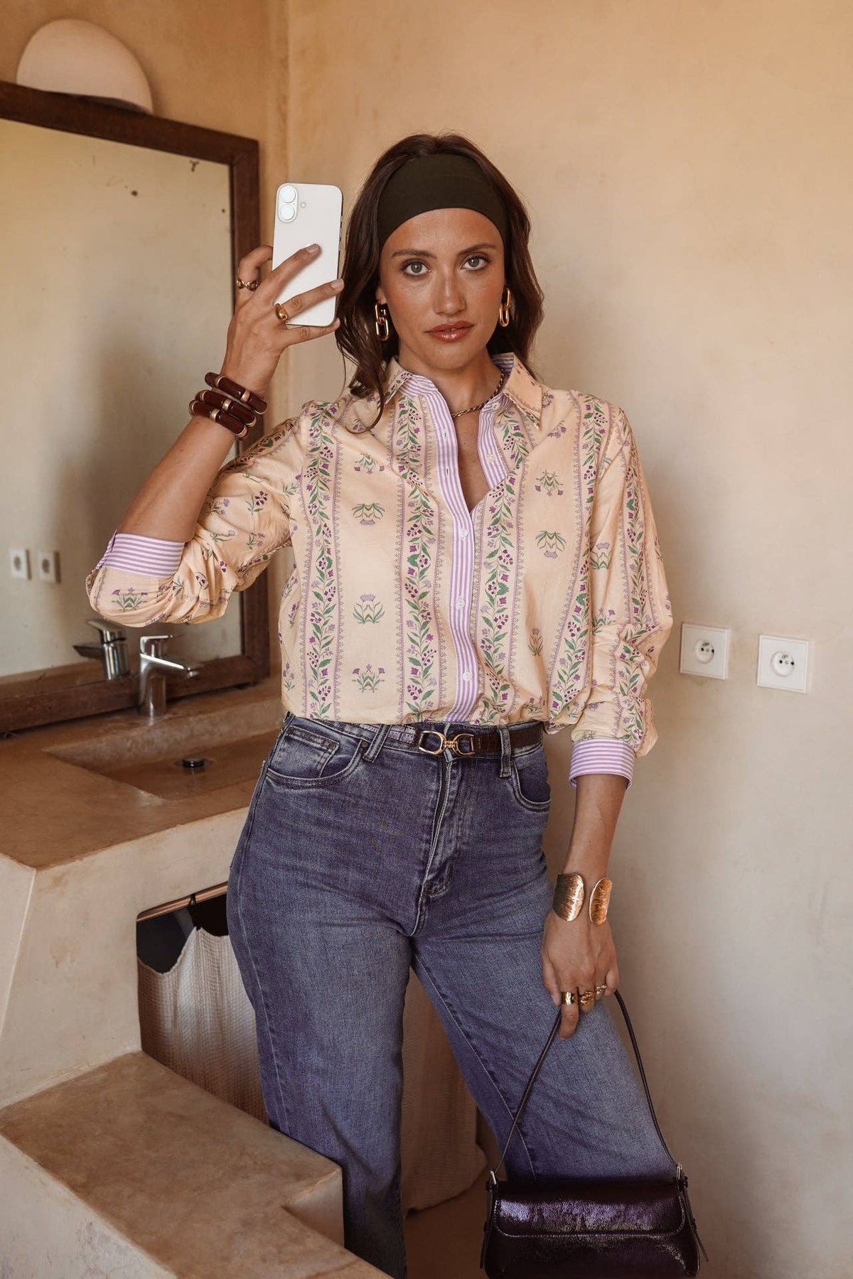 Camicia Bérilia beige in cotone con stampa floreale