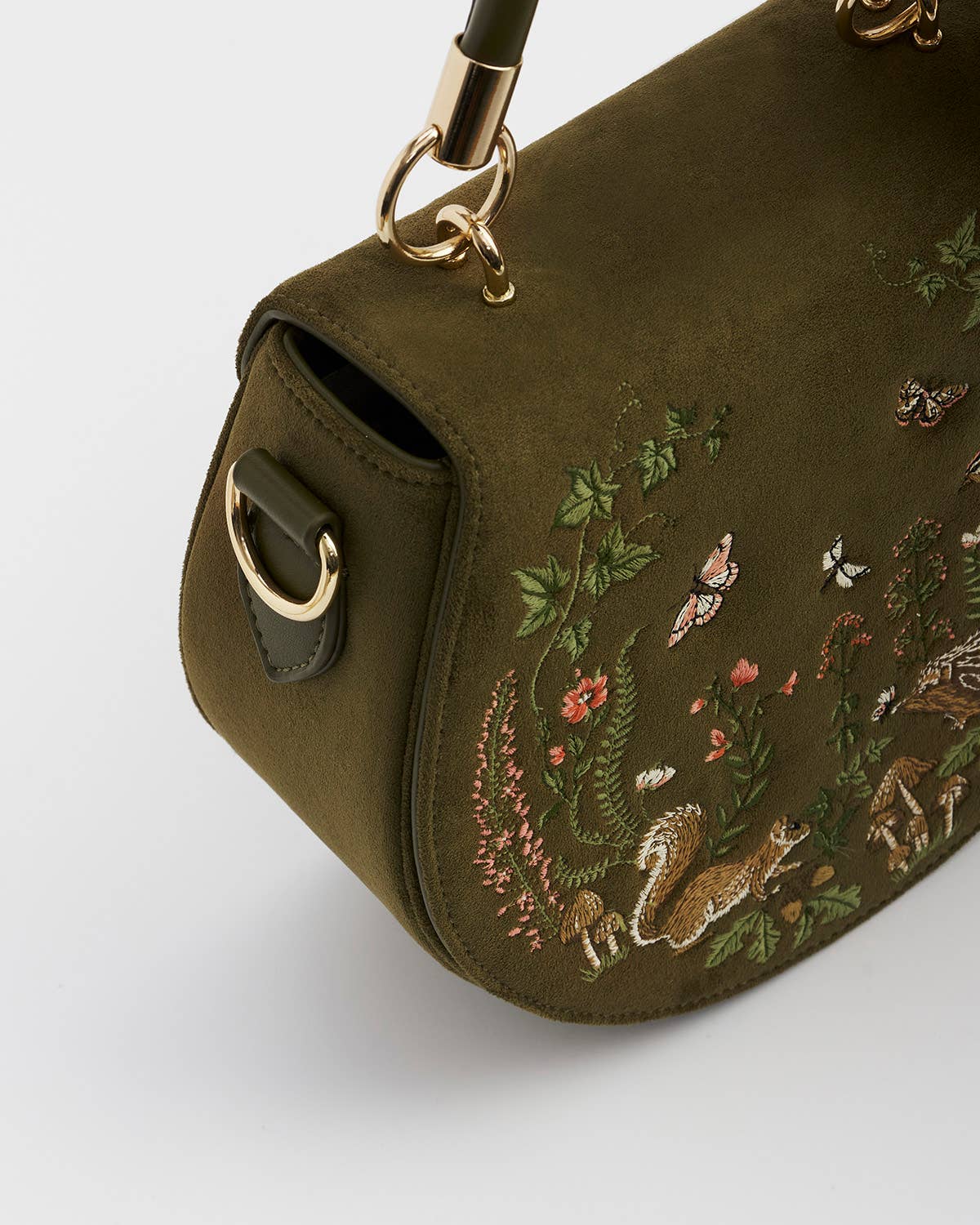 Borsa a sella Charlotte Meadow ricamata in suedette kaki - Fable England