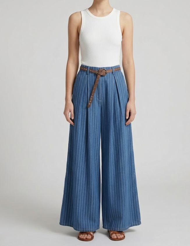 Pantaloni Wide-Leg Gessati con Cintura Borchiata