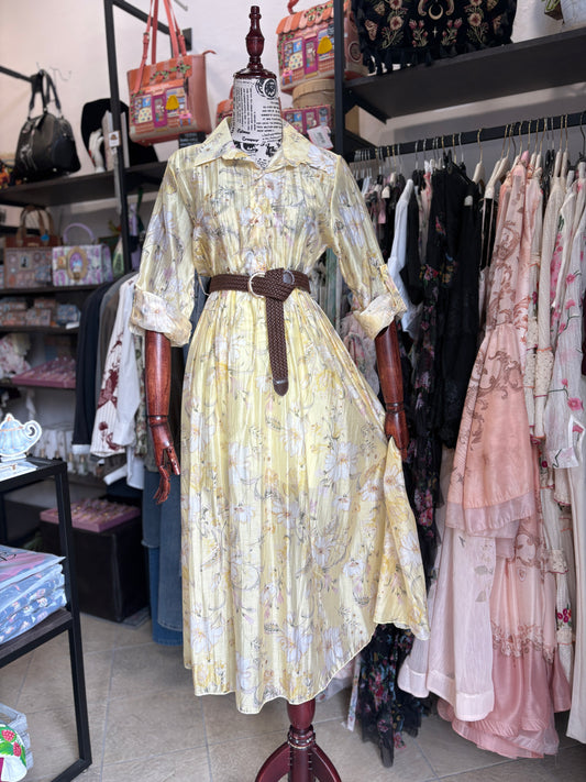 Abito Chemisier Midi Giallo con Fantasia Floreale e Cintura Intrecciata Inclusa