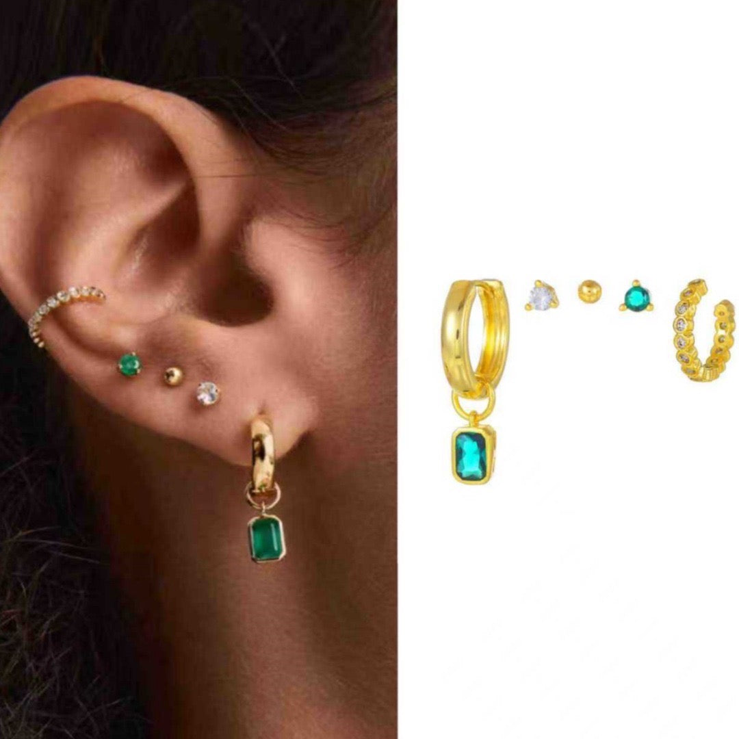Set di 5 orecchini Green Emerald in 2 colori