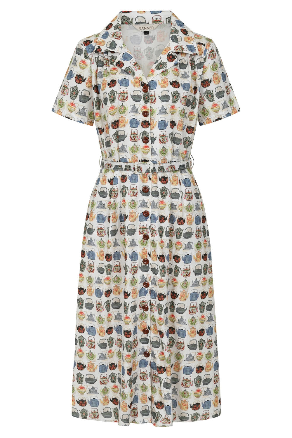 Abito Chemisier Inglese in Cotone Kate Tea Time con Stampa Teiere Vintage