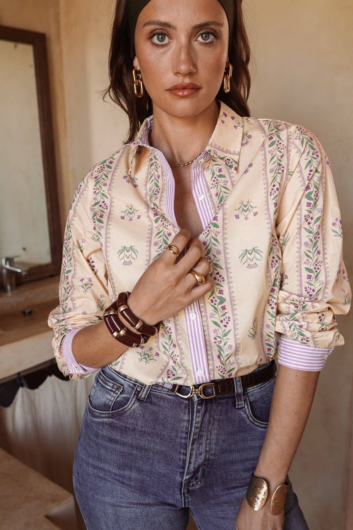 Camicia Bérilia beige in cotone con stampa floreale