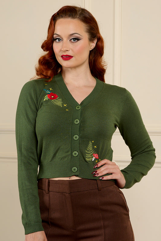 Cardigan vintage Bobby verde bosco con ricami
