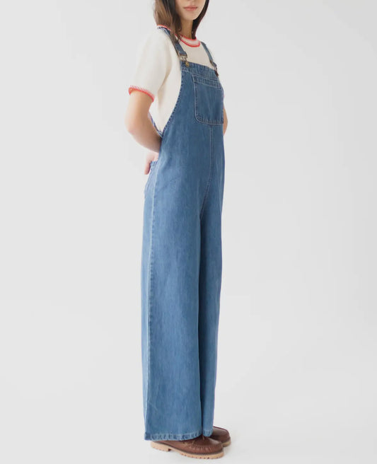 Salopette di jeans blu scuro a gamba ampia