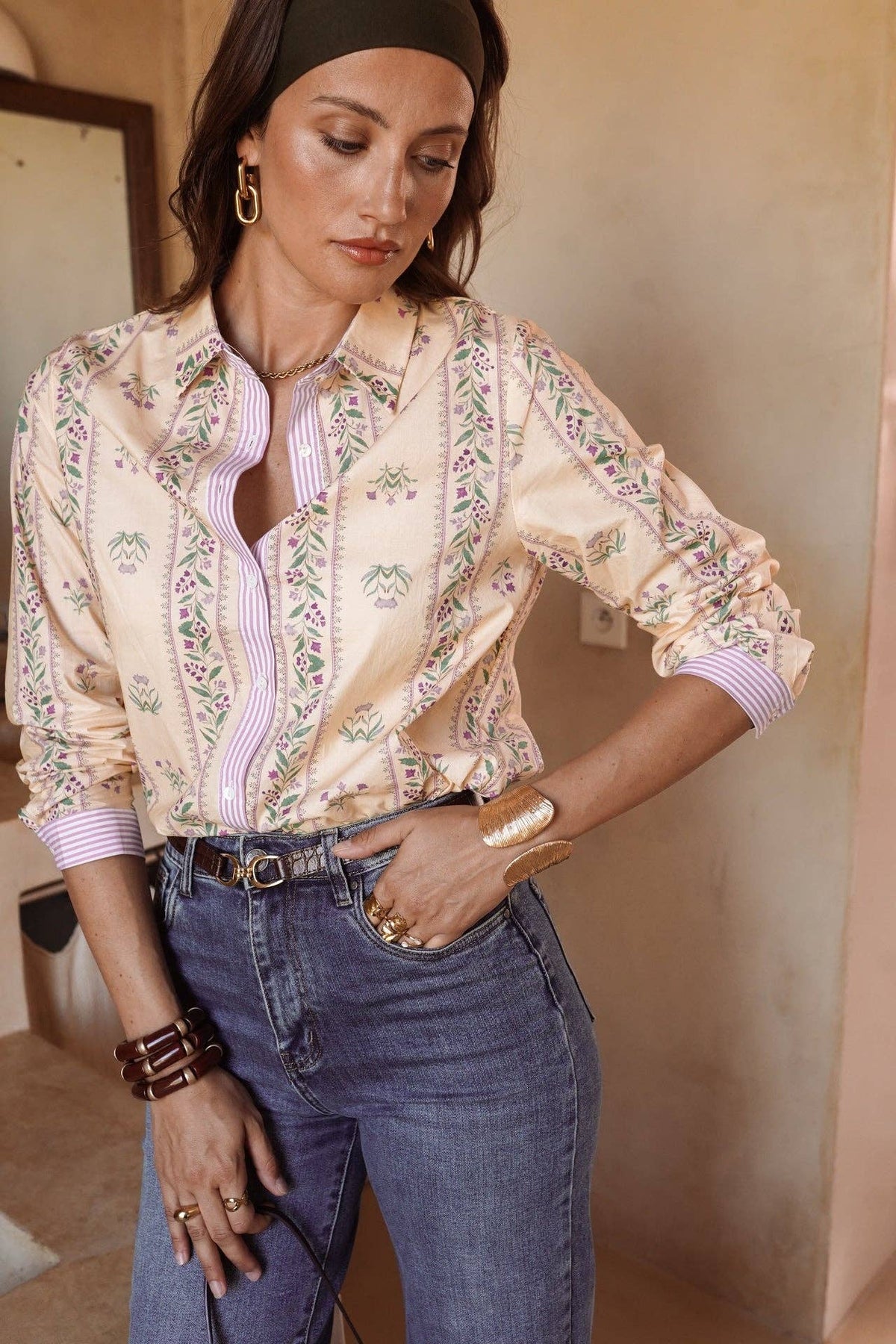 Camicia Bérilia beige in cotone con stampa floreale