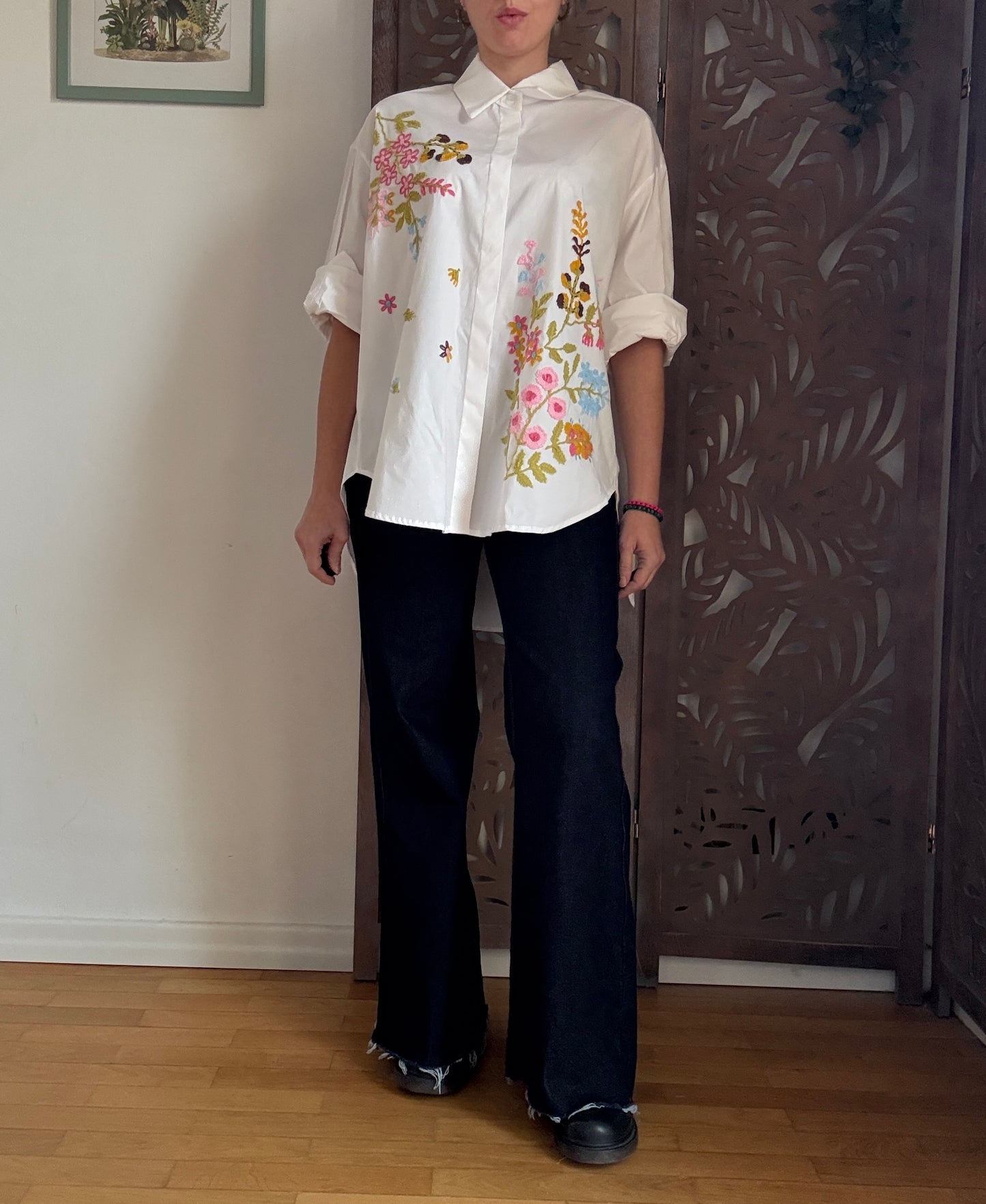 Camicia Oversize in Cotone con Ricami Floreali