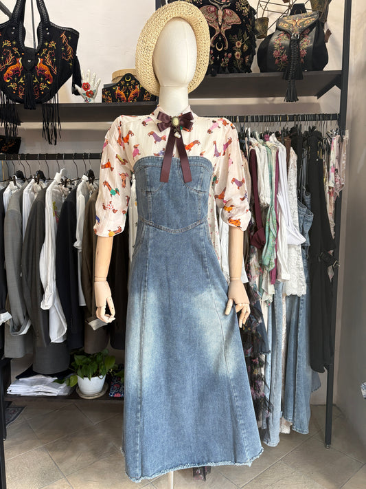 Abito Lungo Denim a Bustino con Scollo a Cuore e Orlo a Vivo