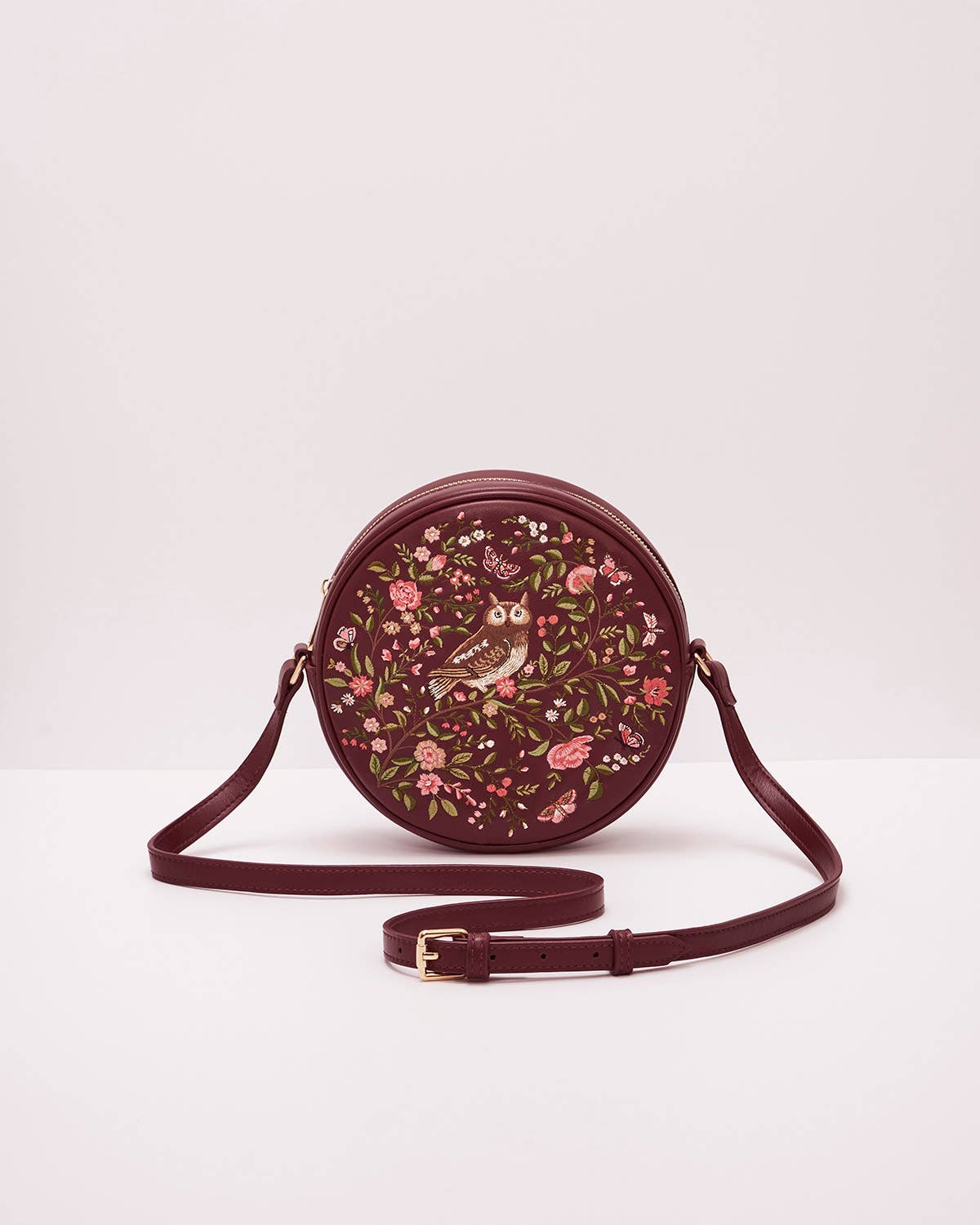 Borsa tonda Chloe Owl ricamata in ecopelle bordeaux - Fable England