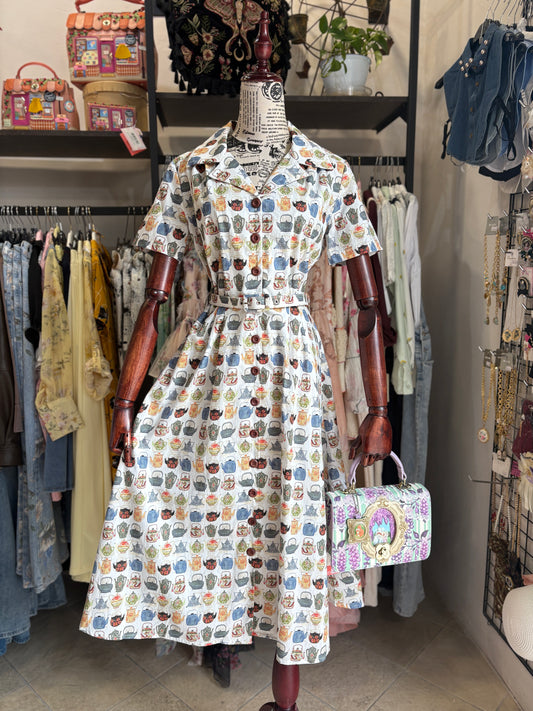 Abito Chemisier Inglese in Cotone Kate Tea Time con Stampa Teiere Vintage