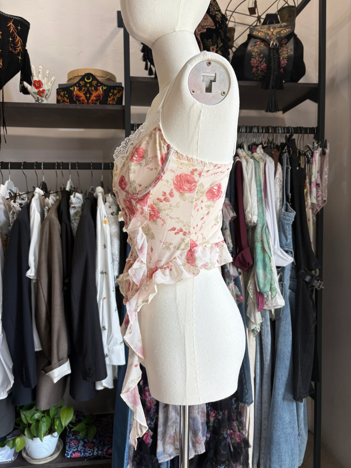 Bustino Red Roses – Stampa Floreale e Dettagli Lace-up
