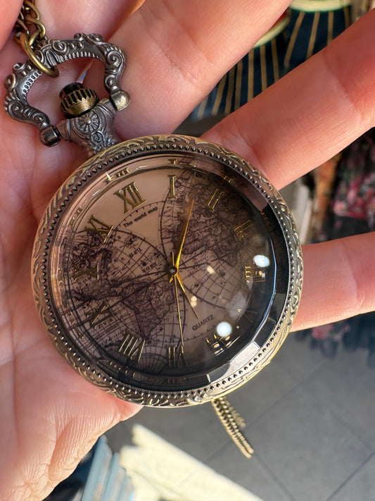 Collana orologio Steampunk Mappa del Mondo – Stile vintage