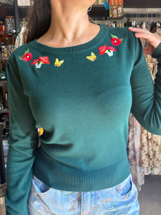 Maglione vintage Janice verde scuro con ricami