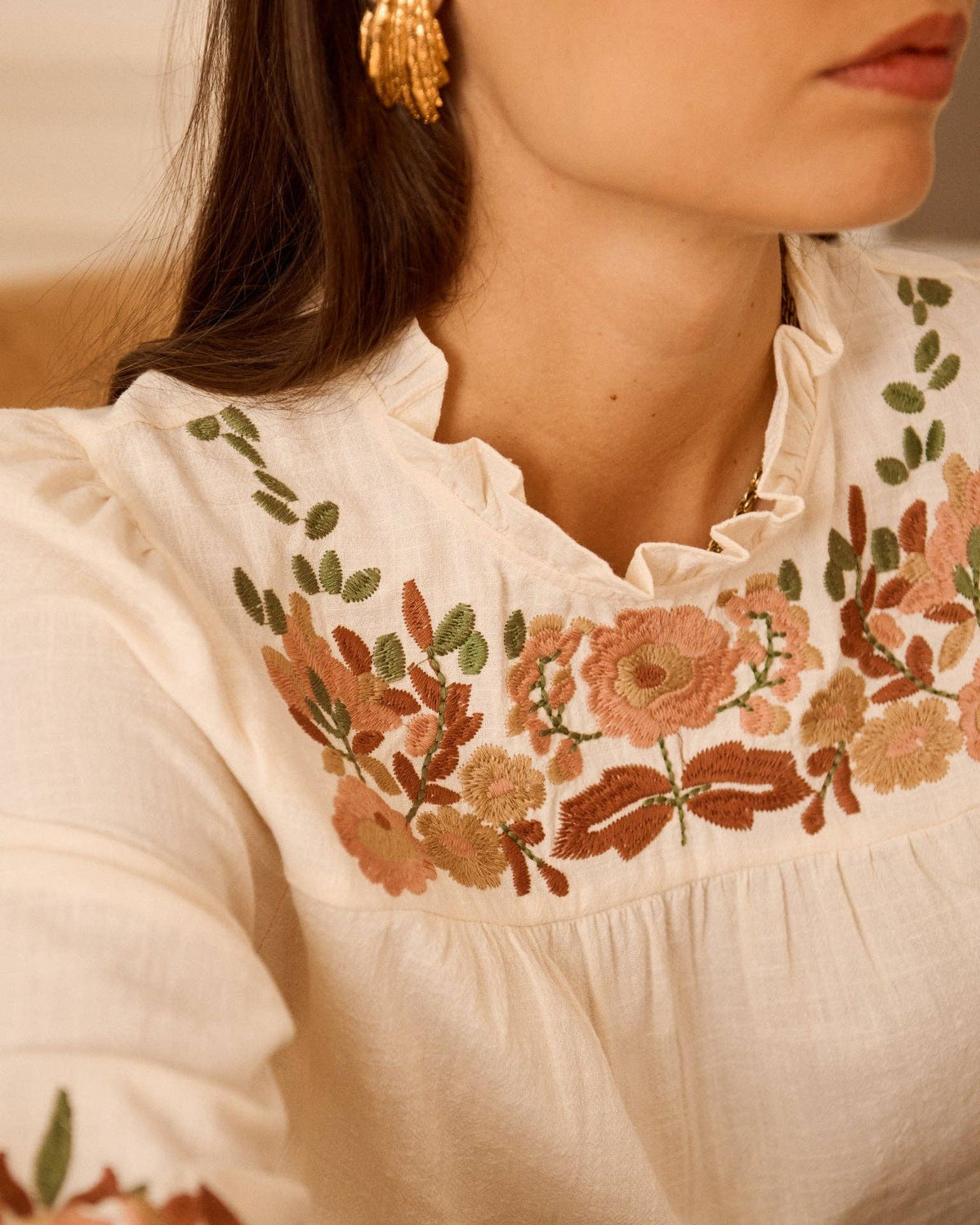 Blusa Giardino d’Autunno écru in cotone ricamato