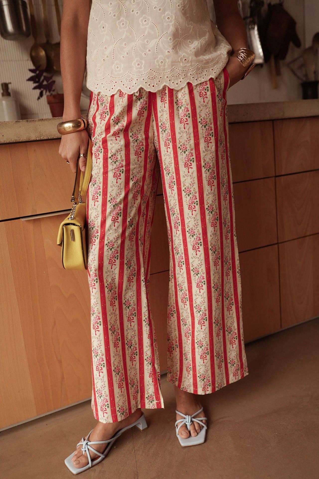Pantaloni Larghi in Cotone Pauline con Stampa Floreale e Righe - Rosa