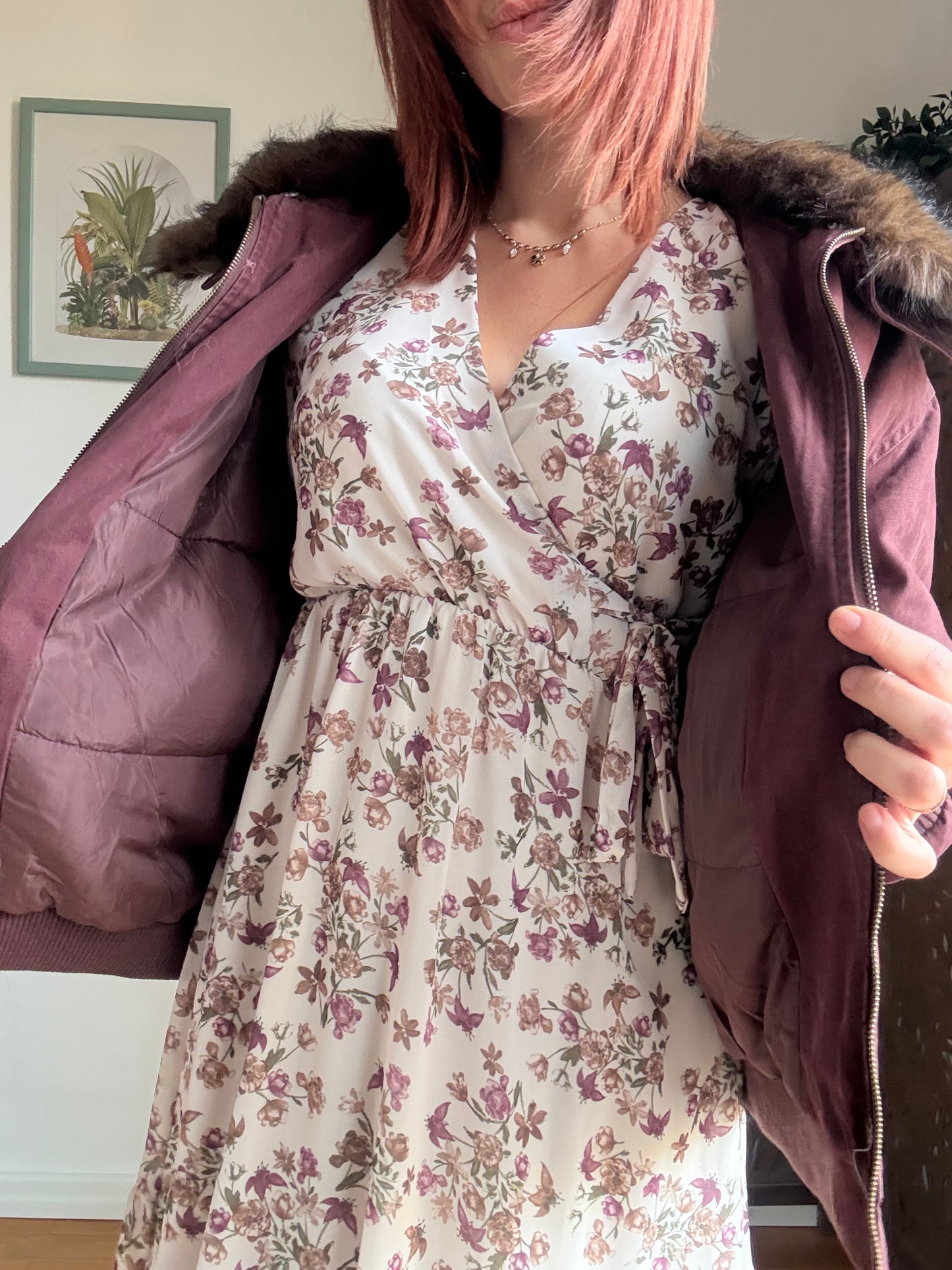 Giaccone oversize in cotone bordeaux con collo in ecopelliccia removibile