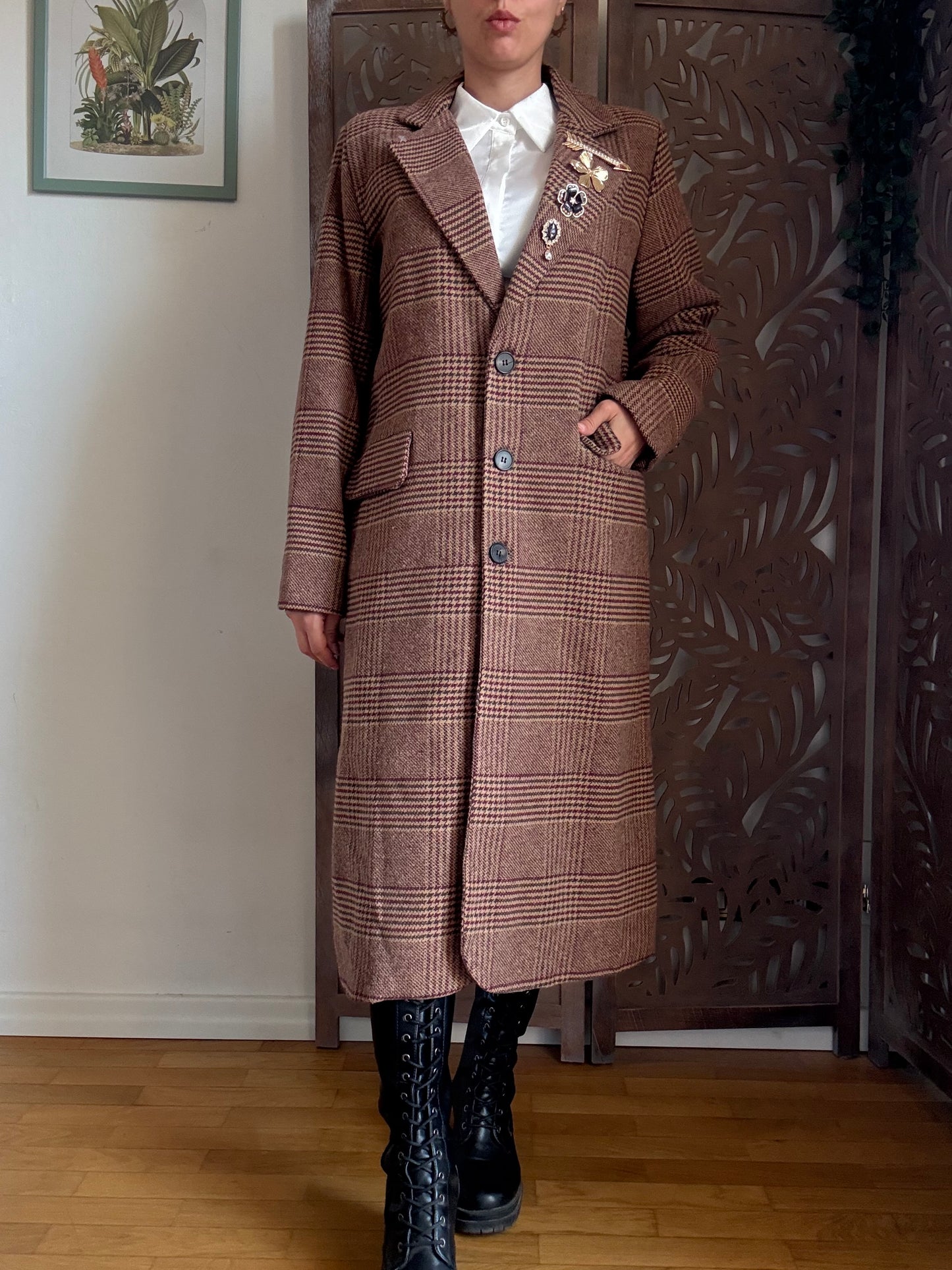 Cappotto College lungo bordeaux a quadretti in cotone con spille