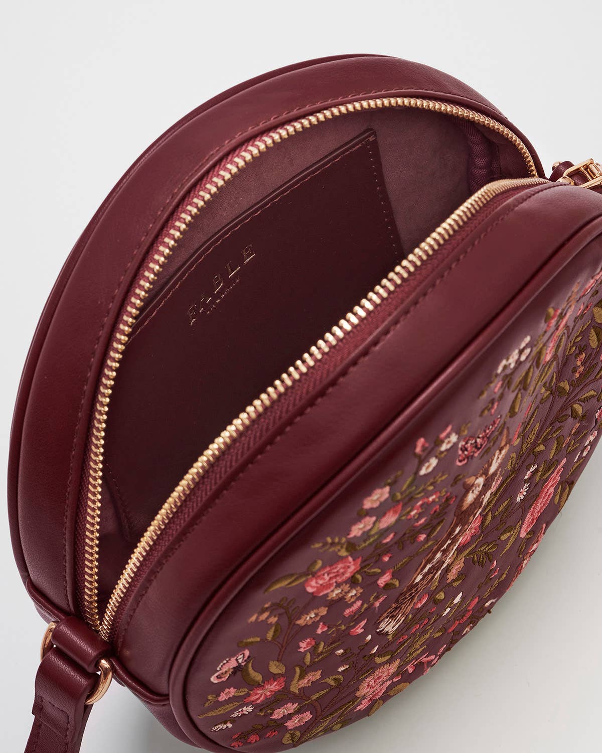 Borsa tonda Chloe Owl ricamata in ecopelle bordeaux - Fable England