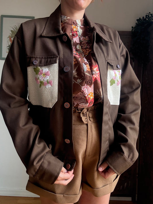 Giacca in cotone Re-Made brown con tasche ricamate unisex