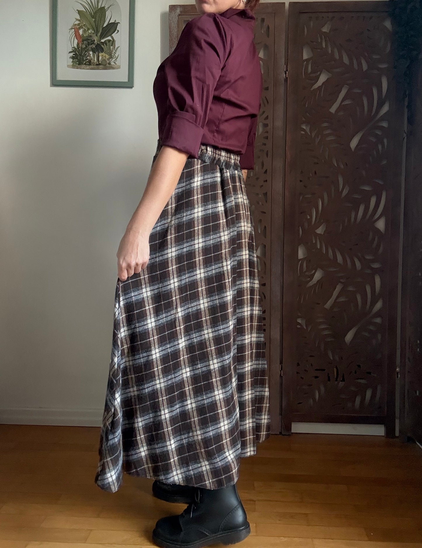 Gonna lunga tartan in cotone asimmetrica a vita alta con spacco frontale