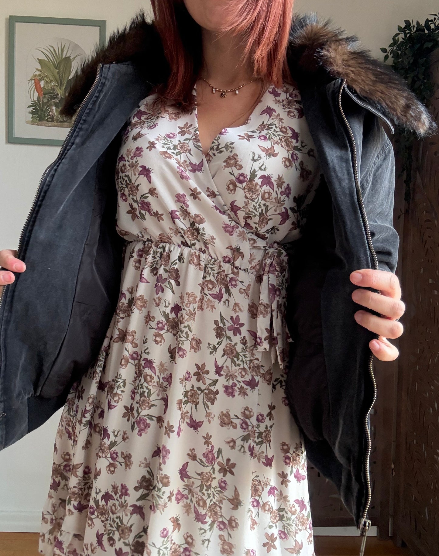 Giaccone oversize in cotone nero con collo in ecopelliccia removibile